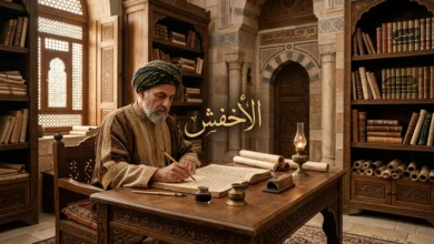 عالم نحوي من العصر العباسي يكتب في مخطوطة وتظهر كلمة الأخفش بخط الثلث.