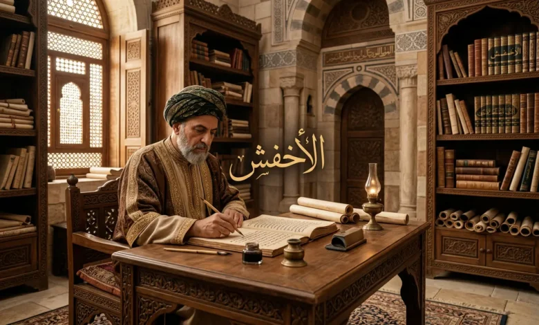 عالم نحوي من العصر العباسي يكتب في مخطوطة وتظهر كلمة الأخفش بخط الثلث.