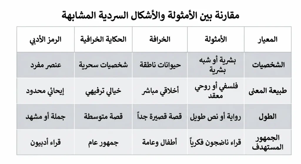 جدول أكاديمي مقارن يوضح الفروق بين الأمثولة والخرافة والحكاية الخرافية والرمز الأدبي من حيث الشخصيات وطبيعة المعنى والطول والجمهور المستهدف