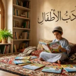 غلاف مقالة أدب الأطفال يُظهر طفلاً عربياً يقرأ كتاباً مصوراً في غرفة دافئة مع عنوان "أدب الأطفال" بالخط العربي