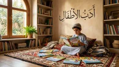 غلاف مقالة أدب الأطفال يُظهر طفلاً عربياً يقرأ كتاباً مصوراً في غرفة دافئة مع عنوان "أدب الأطفال" بالخط العربي