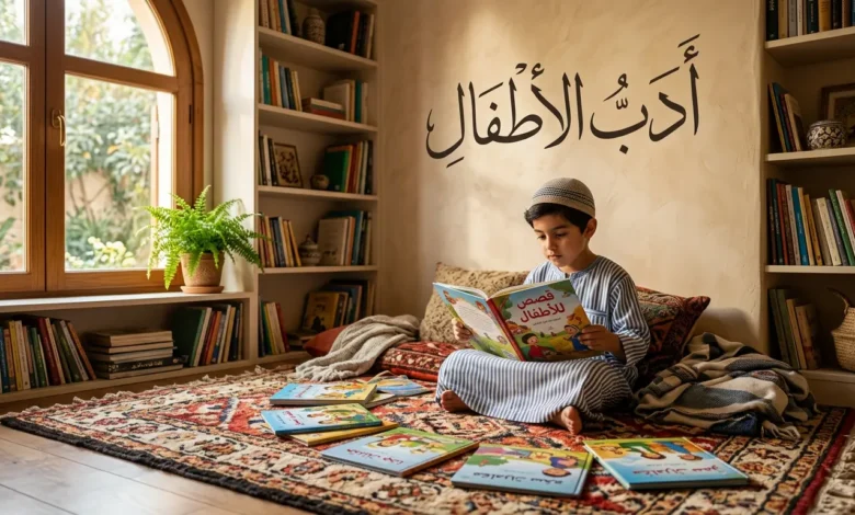 غلاف مقالة أدب الأطفال يُظهر طفلاً عربياً يقرأ كتاباً مصوراً في غرفة دافئة مع عنوان "أدب الأطفال" بالخط العربي