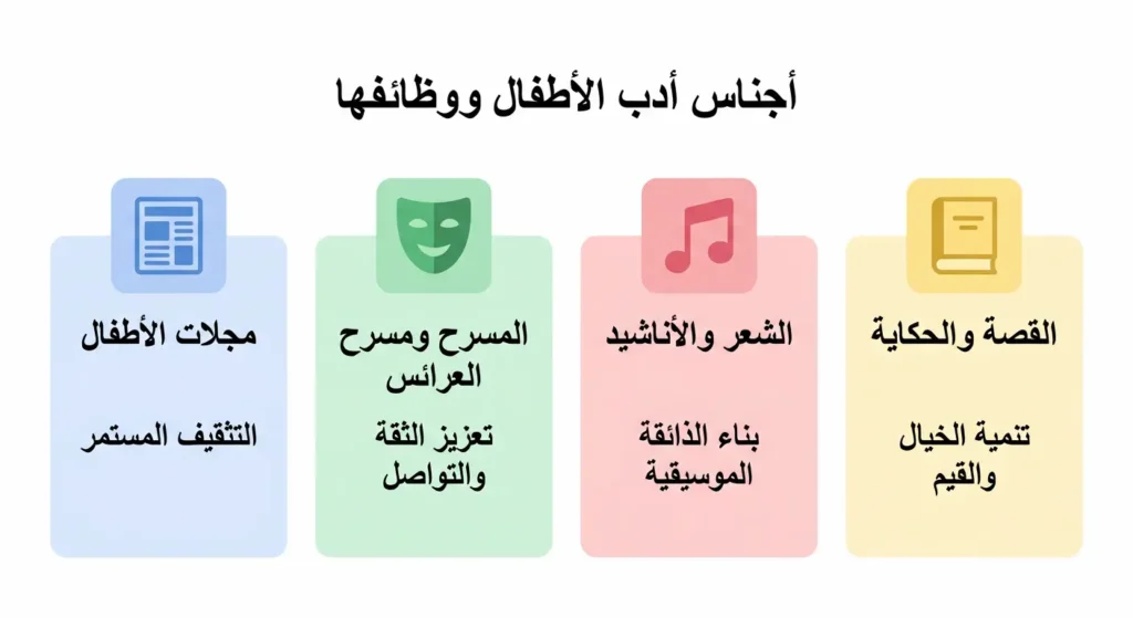 رسم بياني أكاديمي يعرض أربعة أجناس أدبية موجهة للأطفال مع الوظيفة التربوية لكل جنس