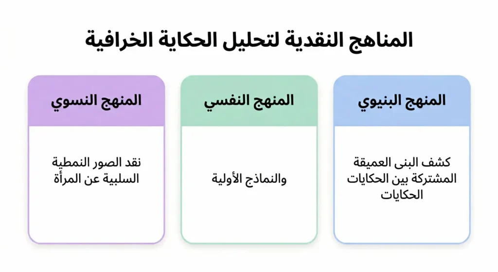  إنفوجرافيك أكاديمي يعرض ثلاثة مناهج نقدية لتحليل الحكاية الخرافية هي المنهج البنيوي والمنهج النفسي والمنهج النسوي مع وصف موجز لكل منهج