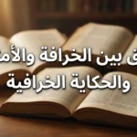 غلاف مقالة أكاديمية بعنوان "الفرق بين الخرافة والأمثولة والحكاية الخرافية" على خلفية كتب قديمة مفتوحة