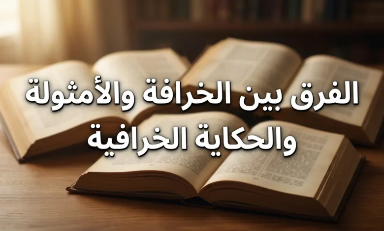 غلاف مقالة أكاديمية بعنوان "الفرق بين الخرافة والأمثولة والحكاية الخرافية" على خلفية كتب قديمة مفتوحة