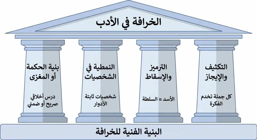 رسم بياني يوضح الخصائص الفنية الأربع للخرافة في الأدب على شكل أعمدة تحمل سقفاً واحداً