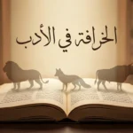 غلاف مقالة الخرافة في الأدب يظهر مخطوطة عربية قديمة مفتوحة تخرج منها ظلال حيوانات رمزية