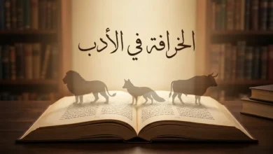 غلاف مقالة الخرافة في الأدب يظهر مخطوطة عربية قديمة مفتوحة تخرج منها ظلال حيوانات رمزية