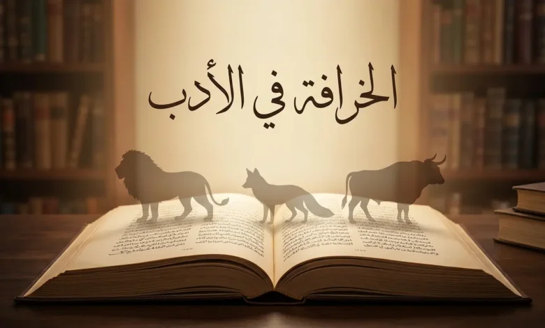 غلاف مقالة الخرافة في الأدب يظهر مخطوطة عربية قديمة مفتوحة تخرج منها ظلال حيوانات رمزية