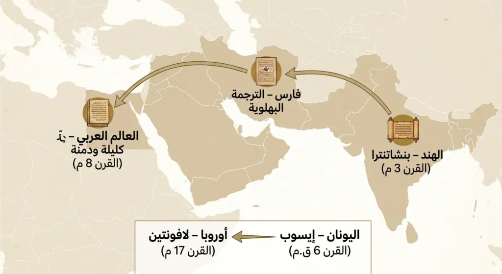 خريطة توضيحية تُظهر مسار انتقال فن الخرافة من الهند إلى فارس ثم العالم العربي ومن اليونان إلى أوروبا