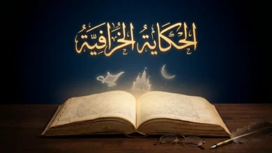 غلاف مقالة أكاديمية عن الحكاية الخرافية يُظهر كتاباً مخطوطاً مفتوحاً ينبعث منه ضوء ذهبي مع عناصر عجائبية شفافة وعنوان بالخط العربي