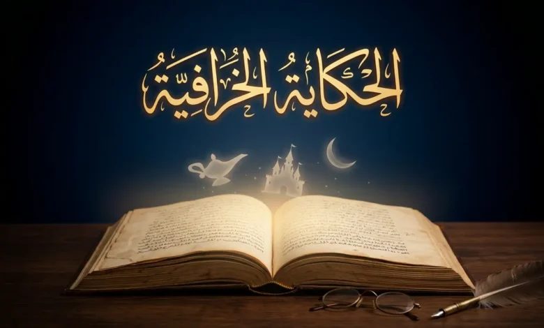 غلاف مقالة أكاديمية عن الحكاية الخرافية يُظهر كتاباً مخطوطاً مفتوحاً ينبعث منه ضوء ذهبي مع عناصر عجائبية شفافة وعنوان بالخط العربي