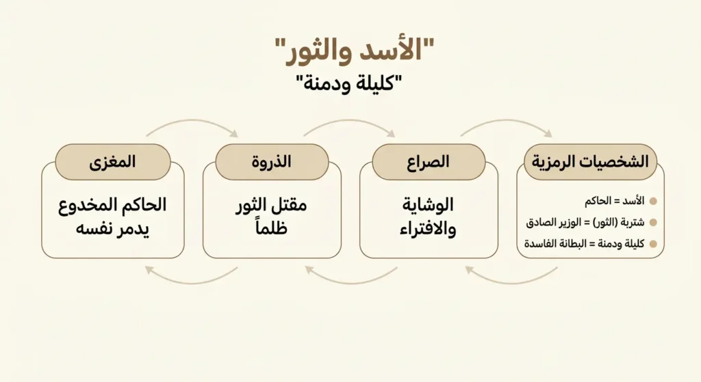 مخطط تحليلي للبنية السردية لخرافة الأسد والثور من كتاب كليلة ودمنة يوضح الشخصيات والصراع والذروة والمغزى