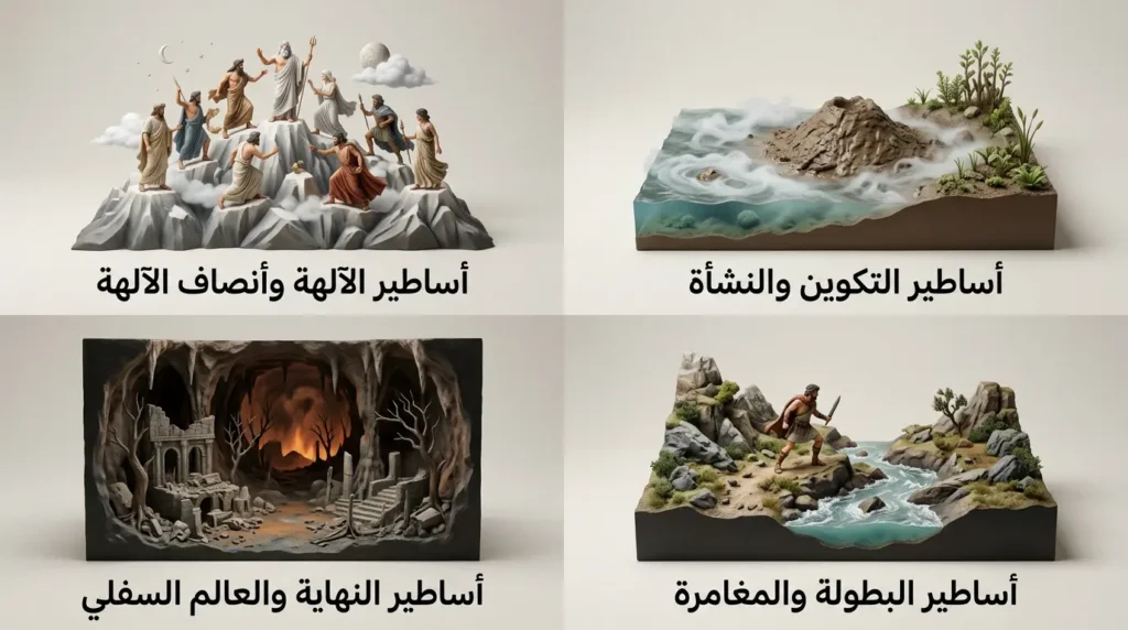 مخطط أكاديمي واقعي يقسم الأساطير إلى أربعة أنواع رئيسة: التكوين والنشأة، والآلهة وأنصاف الآلهة، والبطولة والمغامرة، والنهاية والعالم السفلي.