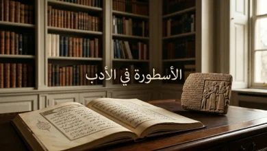 مشهد أكاديمي واقعي يربط بين مخطوط أدبي عربي مفتوح ولوح طيني ميثولوجي داخل مكتبة هادئة لشرح حضور الأسطورة في الأدب.