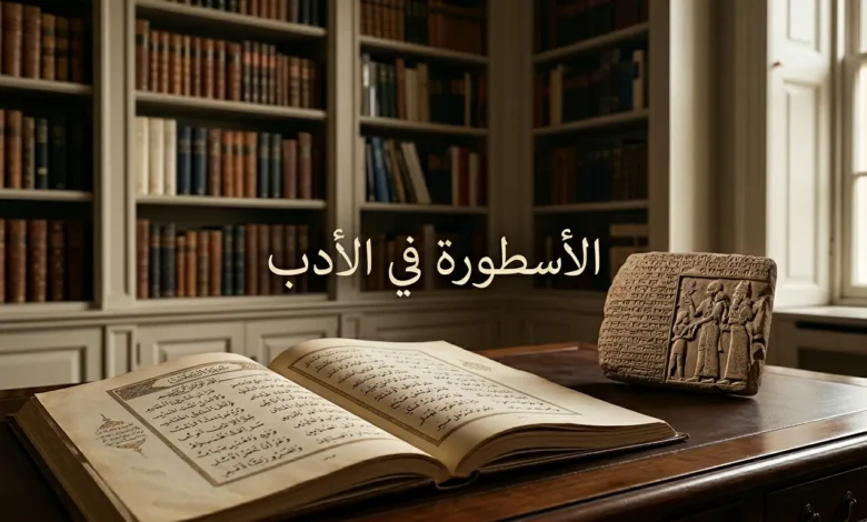مشهد أكاديمي واقعي يربط بين مخطوط أدبي عربي مفتوح ولوح طيني ميثولوجي داخل مكتبة هادئة لشرح حضور الأسطورة في الأدب.