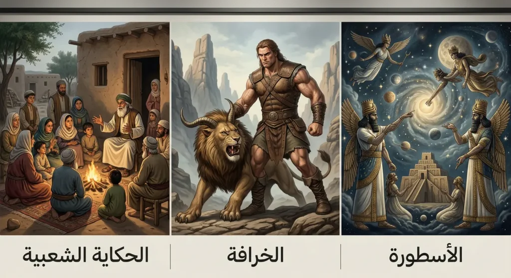  لوحة أكاديمية مقارنة توضّح الفروق البصرية بين الأسطورة والخرافة والحكاية الشعبية في ثلاثة أقسام مرتبة من اليمين إلى اليسار.