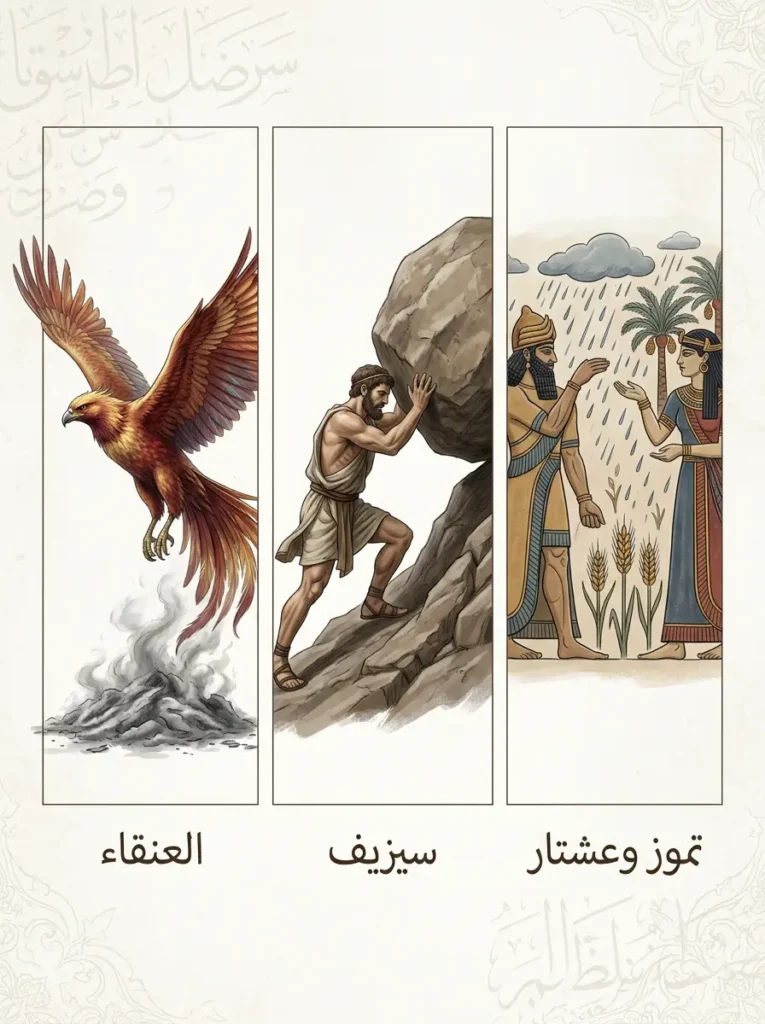 صورة أدبية أكاديمية تعرض ثلاثة رموز أسطورية استعملها الشعر العربي الحر: تموز وعشتار، سيزيف، العنقاء