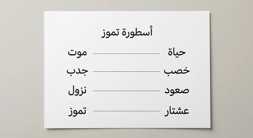 مخطط أكاديمي واقعي يوضح التقابلات الثنائية في أسطورة تموز مثل الحياة والموت والخصب والجدب