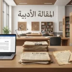 غلاف يوضح تطور المقالة الأدبية من الرسائل النثرية القديمة إلى الكتابة الحديثة في فضاء أكاديمي واقعي