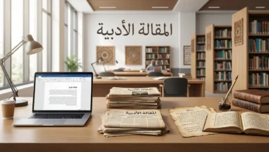 غلاف يوضح تطور المقالة الأدبية من الرسائل النثرية القديمة إلى الكتابة الحديثة في فضاء أكاديمي واقعي