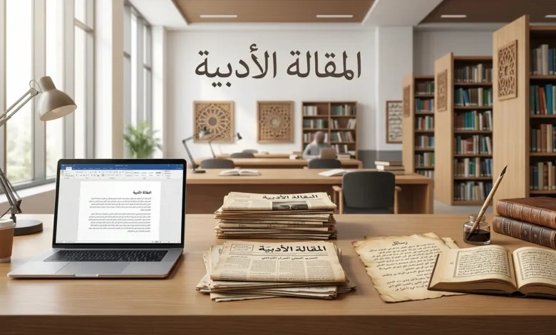 غلاف يوضح تطور المقالة الأدبية من الرسائل النثرية القديمة إلى الكتابة الحديثة في فضاء أكاديمي واقعي