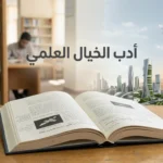 غلاف واقعي لأدب الخيال العلمي يظهر كتاباً مفتوحاً في مكتبة جامعية يتحول بصرياً إلى مدينة مستقبلية ومشهد فضائي