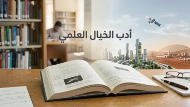 غلاف واقعي لأدب الخيال العلمي يظهر كتاباً مفتوحاً في مكتبة جامعية يتحول بصرياً إلى مدينة مستقبلية ومشهد فضائي