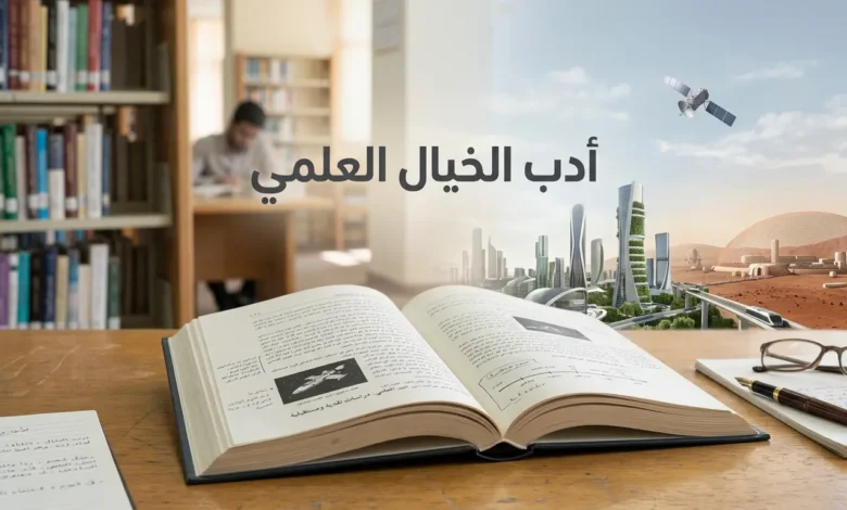 غلاف واقعي لأدب الخيال العلمي يظهر كتاباً مفتوحاً في مكتبة جامعية يتحول بصرياً إلى مدينة مستقبلية ومشهد فضائي