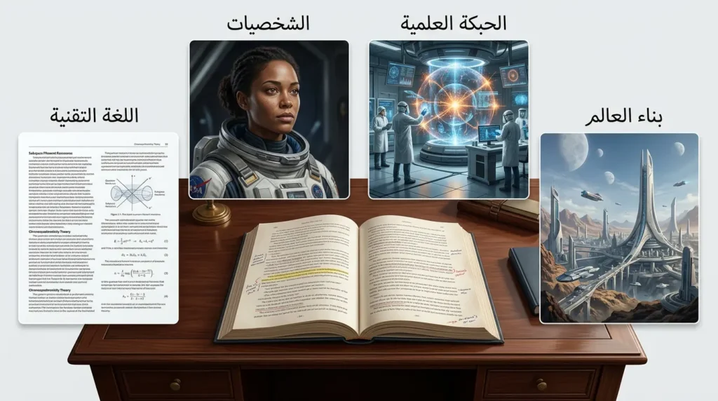 مخطط بصري واقعي يوضح عناصر بناء رواية الخيال العلمي من العالم السردي إلى اللغة التقنية