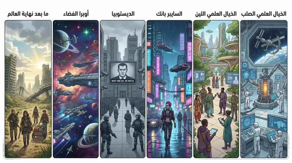 تصنيف بصري لأنماط الخيال العلمي الأساسية في مشاهد منفصلة وواضحة