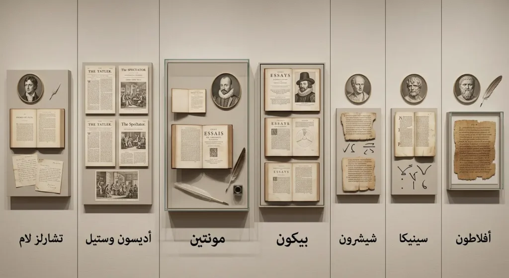 مخطط زمني واقعي يوضح تطور المقالة الأدبية في الآداب العالمية من الفلسفة القديمة إلى المقالة الشخصية الحديثة
