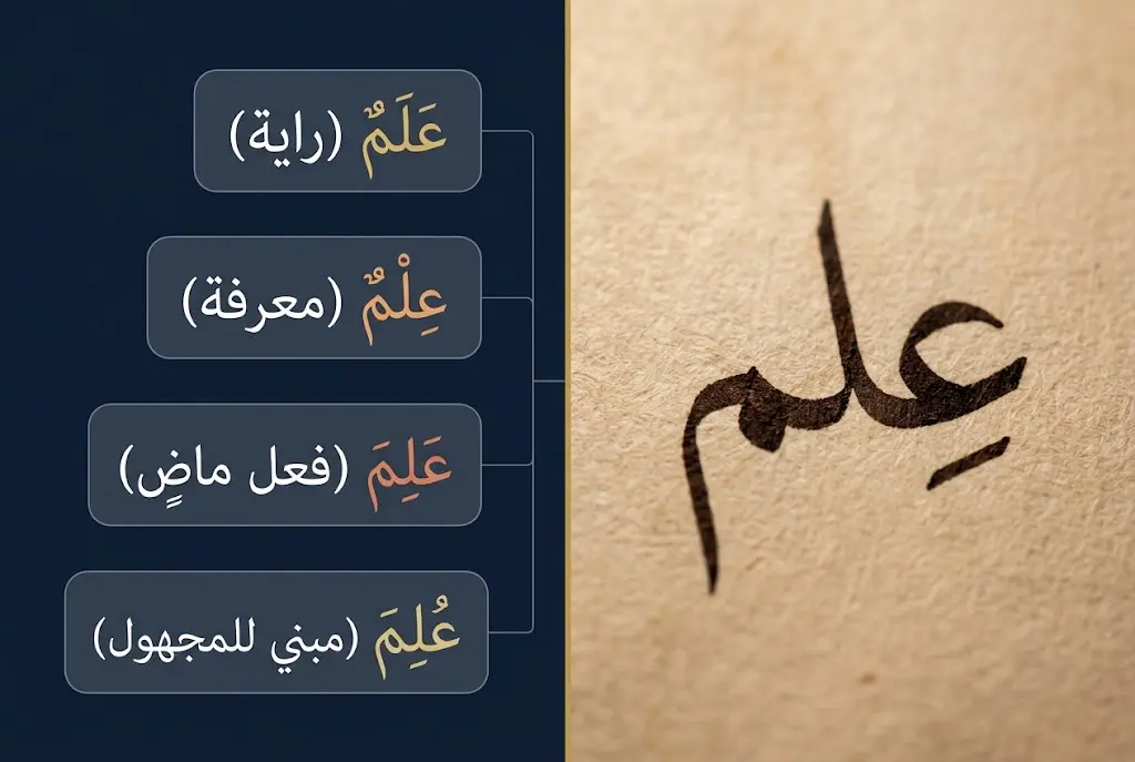تصوير يُظهر كيف تؤدي كلمة عربية واحدة بلا تشكيل إلى أربعة معانٍ مختلفة — إشكالية الغموض الدلالي في حوسبة العربية