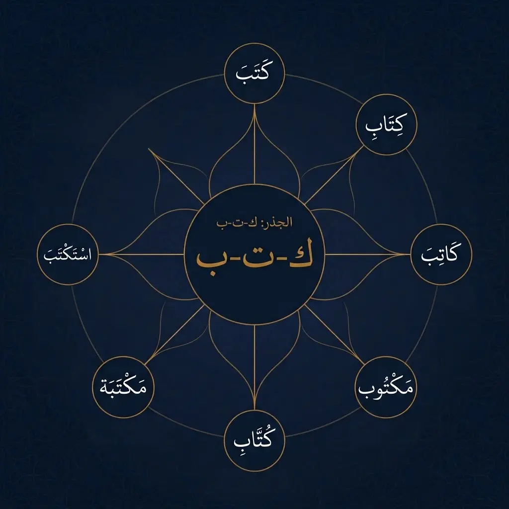  خريطة اشتقاقية دائرية لجذر ك-ت-ب في اللغة العربية توضح نظام الجذر والوزن