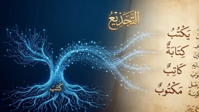 رسم توضيحي لمفهوم التجذيع في اللسانيات الحاسوبية العربية يمزج الخط العربي مع تقنيات الذكاء الاصطناعي