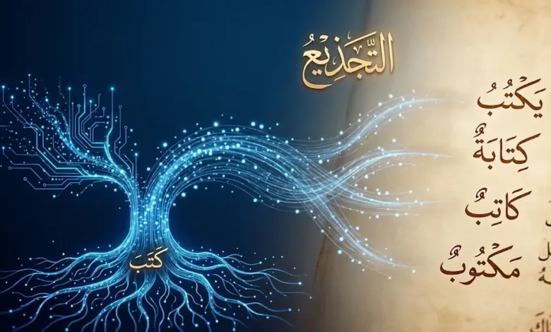 رسم توضيحي لمفهوم التجذيع في اللسانيات الحاسوبية العربية يمزج الخط العربي مع تقنيات الذكاء الاصطناعي
