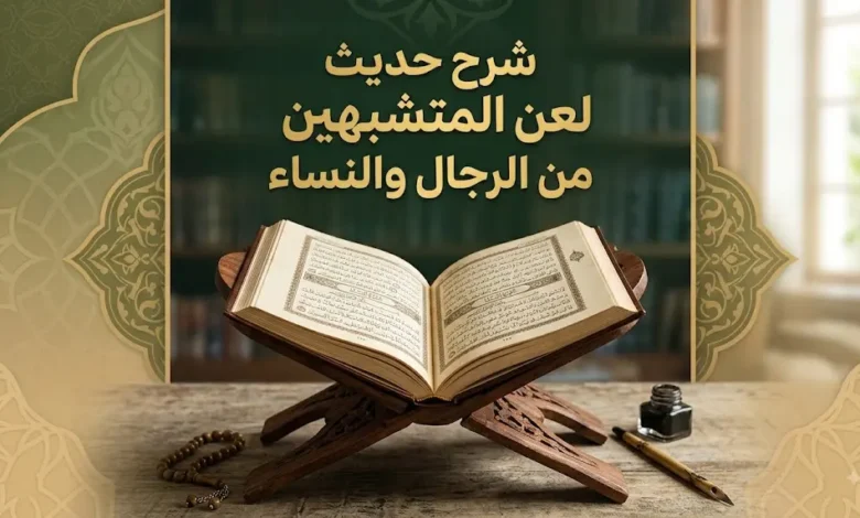 غلاف مقال إسلامي بعنوان شرح حديث لعن المتشبهين من الرجال والنساء مع كتاب مفتوح وزخارف إسلامية هادئة