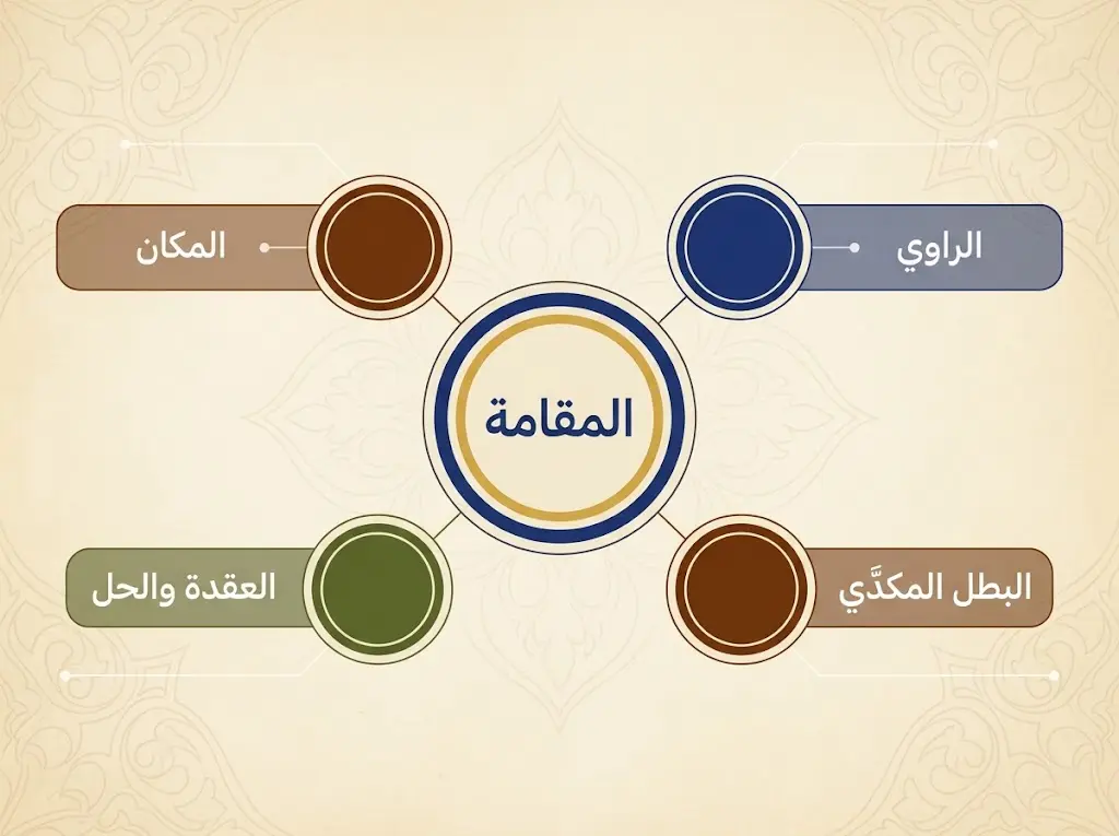 مخطط توضيحي أنيق يعرض الأركان الأربعة لبناء المقامة العربية: الراوي والبطل المكدّي والمكان والعقدة والحل، مرتبطة بدائرة مركزية تمثل المقامة