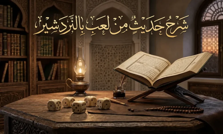 صورة غلاف لمقال يشرح حديث من لعب بالنردشير مع نرد على طاولة خشبية وعبارة شرح حديث من لعب بالنردشير