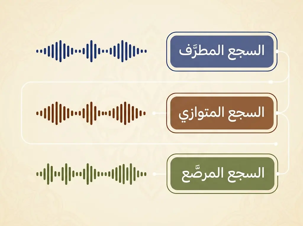 مخطط توضيحي أكاديمي يعرض أنواع السجع الثلاثة في المقامة العربية: المطرَّف والمتوازي والمرصَّع بألوان كحلية وبنية وخضراء