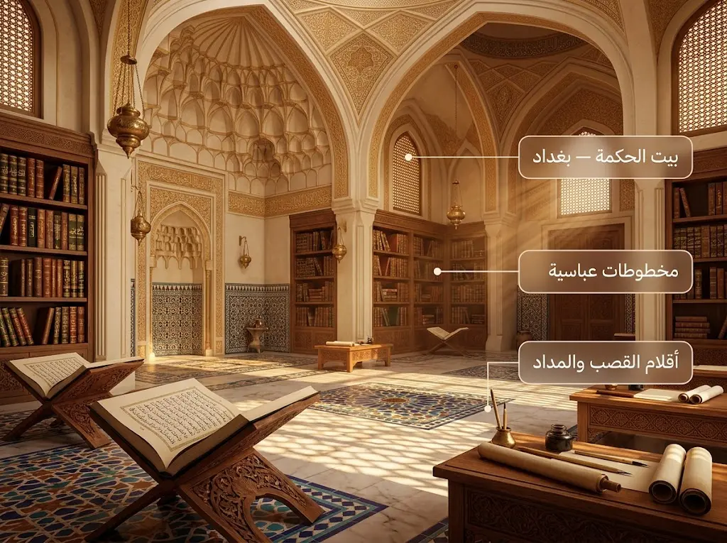 مشهد واقعي لمكتبة بيت الحكمة في بغداد خلال العصر العباسي الذهبي مع المخطوطات والمصابيح والمشربيات