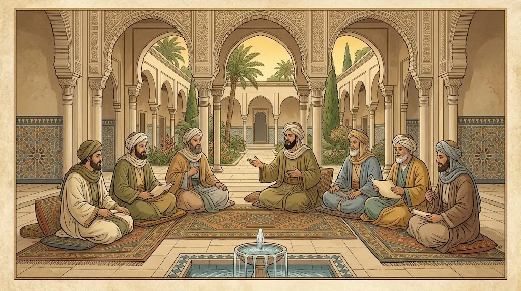 رسم كلاسيكي بأسلوب المنمنمات الإسلامية يصوّر مجلساً أدبياً في العصر العباسي حيث يجلس شعراء وعلماء في فناء مزخرف