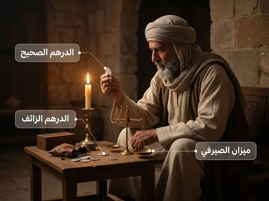 صيرفي عربي في العصر العباسي يفحص الدراهم بدقة، تجسيداً للاستعارة الأصيلة التي شبّه بها نقاد العرب عملَ الناقد الأدبي
