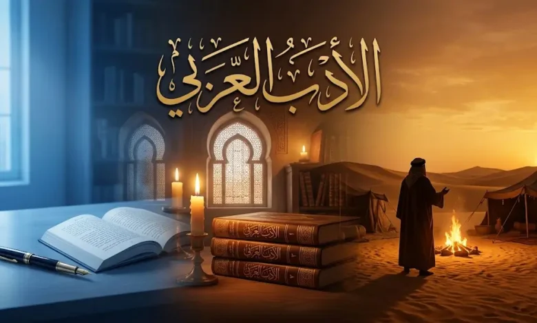 صورة غلاف أكاديمية تمثل رحلة الأدب العربي عبر العصور من الجاهلية إلى الحداثة