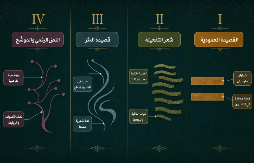 إنفوغراف مقارن يُظهر التطوّر التاريخي لأشكال القصيدة العربية من العمودية إلى التفعيلة والنثر والشكل الرقمي