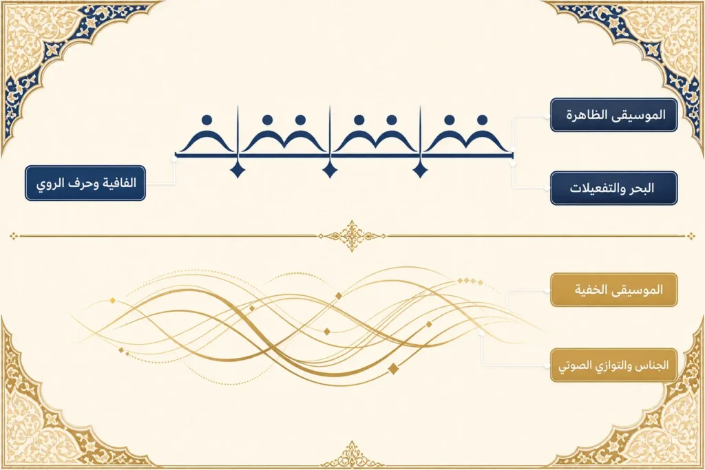مخطط ثنائي المستويات يوضّح طبقتَي الموسيقى الشعرية في القصيدة العربية: الظاهرة والخفية
