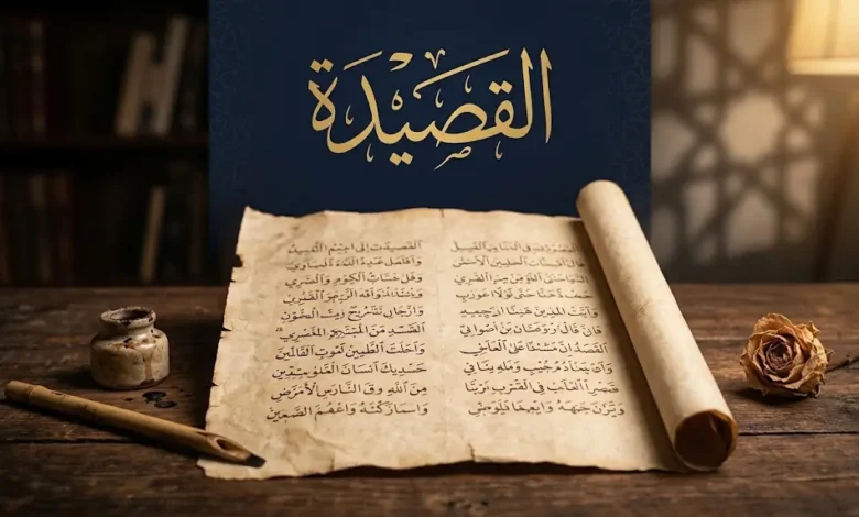 مخطوطة عربية قديمة على رق بردي مضاء بضوء ذهبي دافئ، وفوقها كلمة "القصيدة" بخط الثلث الأصيل