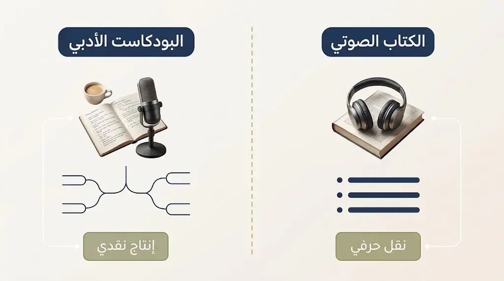 مقارنة بصرية بين الكتاب الصوتي والبودكاست الأدبي توضّح أن الأول نقل حرفي والثاني إنتاج نقدي مستقل