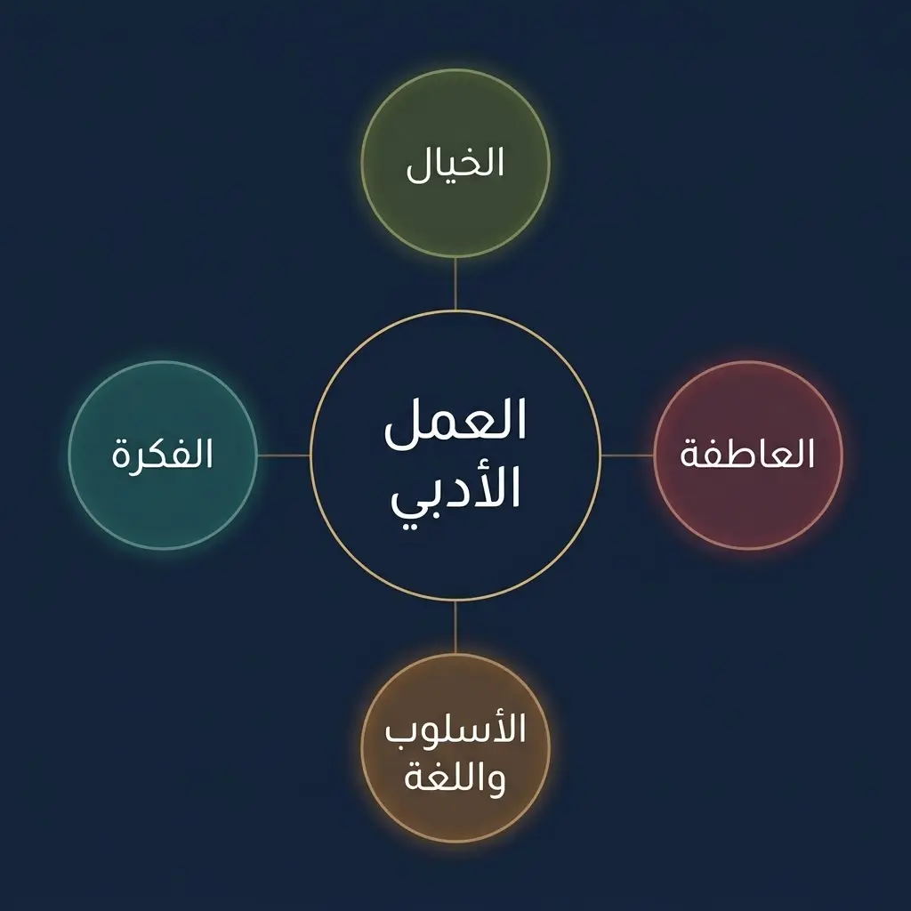 مخطط يوضّح عناصر الأدب الأربعة وهي العاطفة والخيال والفكرة والأسلوب واللغة مرتبطة بالعمل الأدبي في المركز